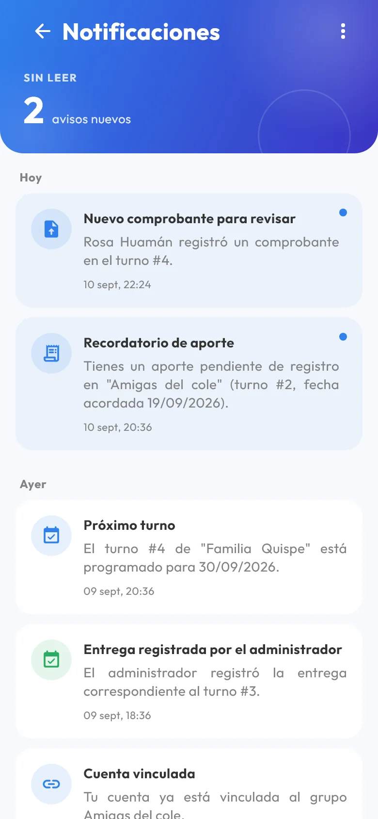 Pantalla de notificaciones de Vunti con avisos de ejemplo: nuevo comprobante, recordatorio de aporte, próximo turno, entrega registrada y cuenta vinculada.