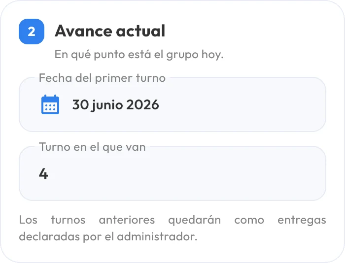 Detalle de la misma pantalla: fecha del primer turno, turno en el que van y la nota de que los turnos anteriores quedan como entregas declaradas por el administrador.